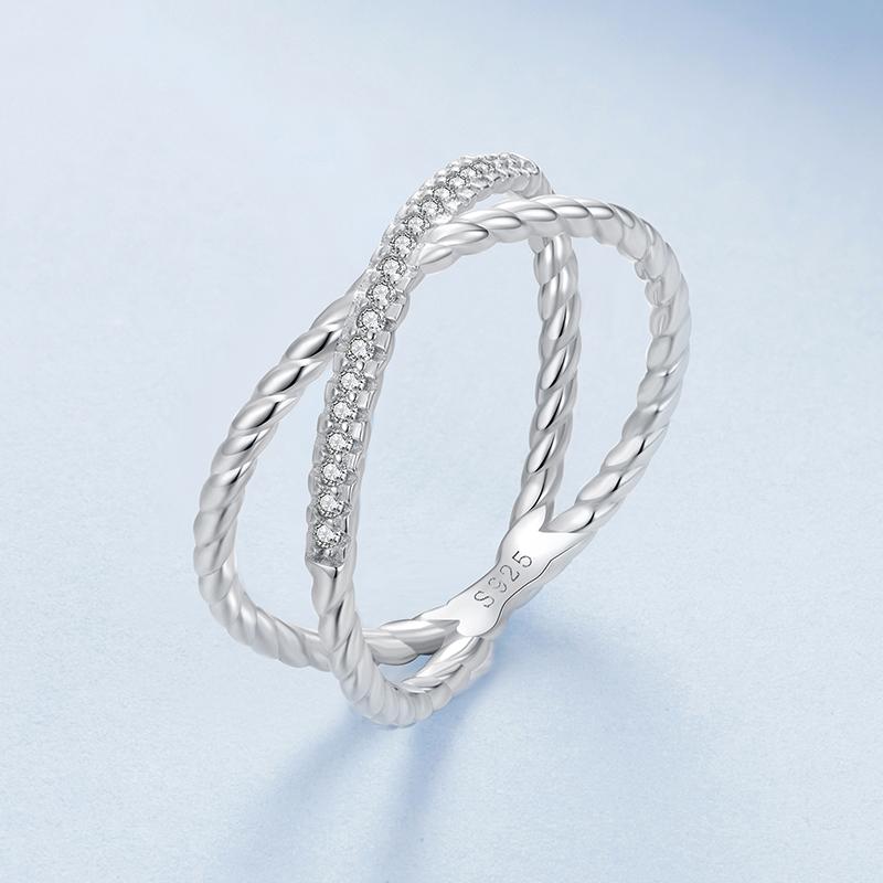 BAMOER 14K Gold Plated X Ring Simulated Diamond CZ Criss Cross Ring for Women, 925 Sterling Silver Eternity Wedding Band Ring