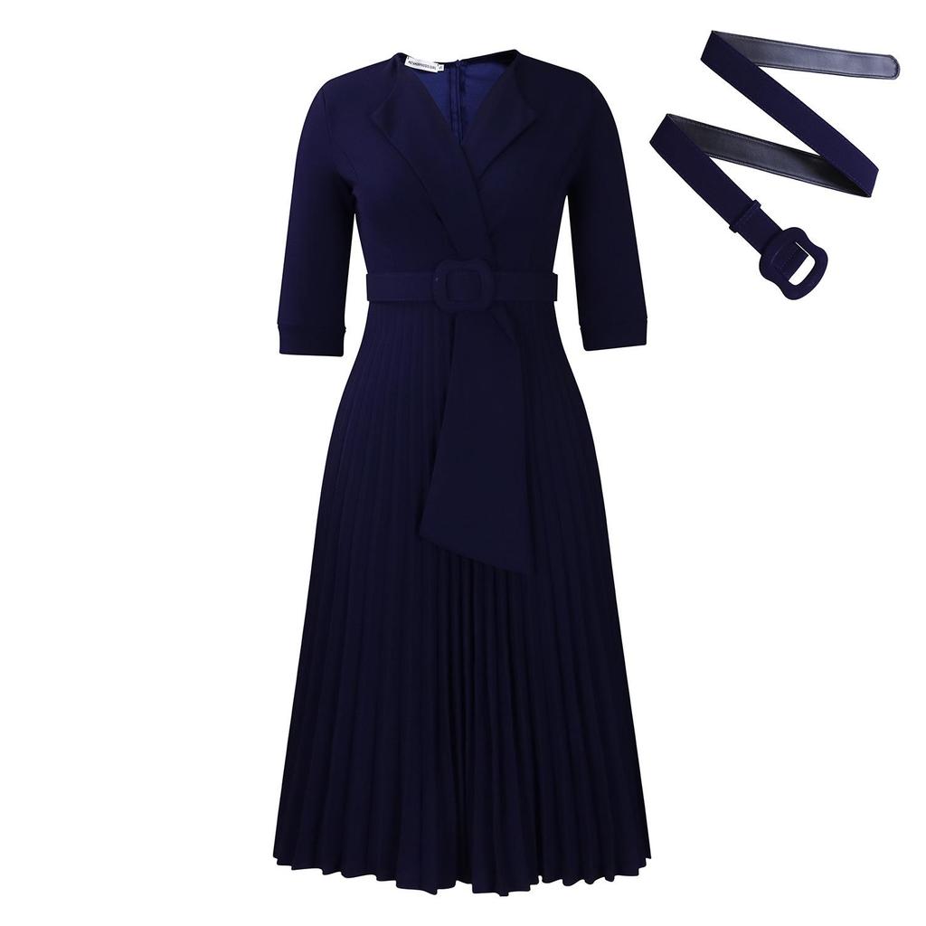 L51 Women's Suit Collar Tie-Waist Pleated African Dress