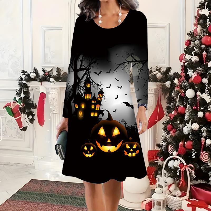2025 Autumn & Winter Women's New Casual Crew Neck Dress 3D Halloween Pattern Ideal Halloween Christmas Gift
