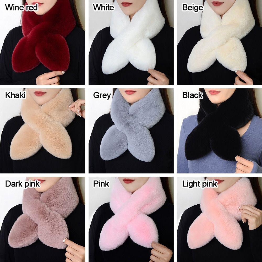 Faux Rabbit Fur Plush Cross Scarf Solid Color Neckerchief Wrap Winter Warm Neck Scarf  Girls
