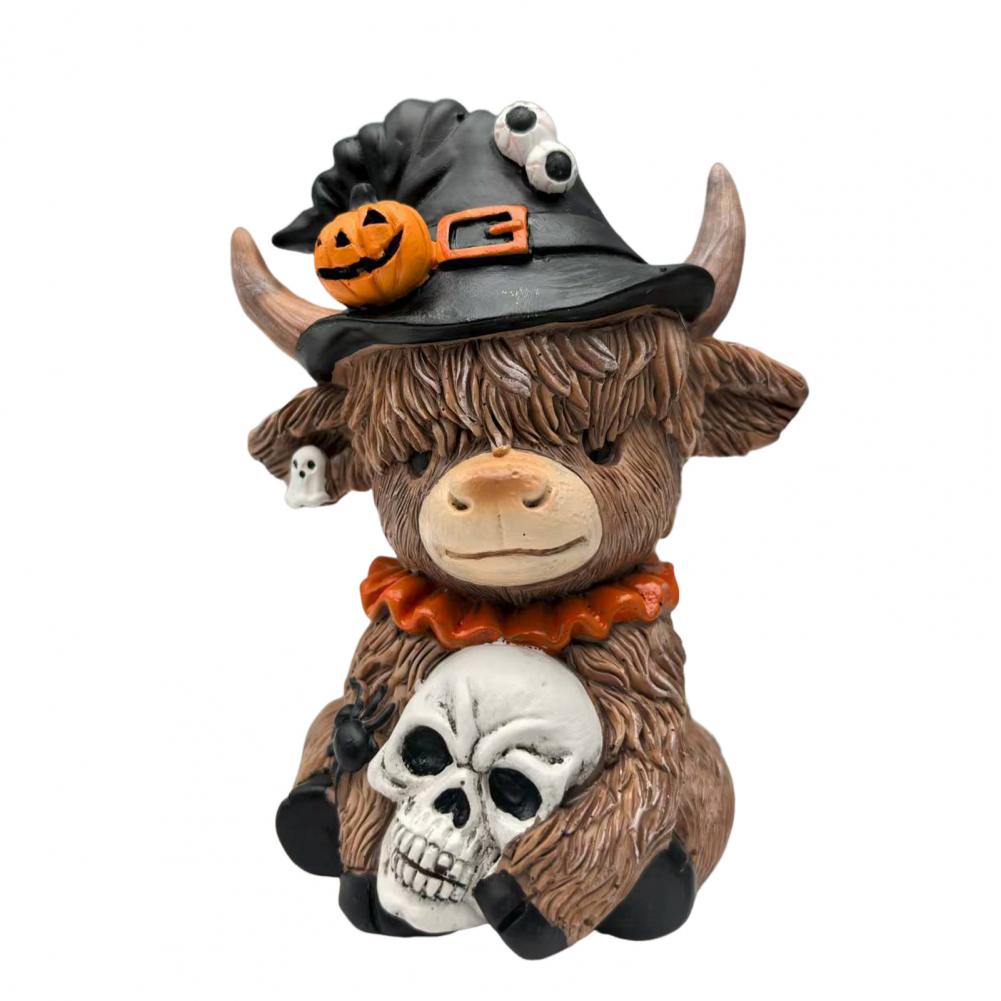 Highland Cow Ornament Highland Cattle Statue Halloween Highland Cow Figurine with Pumpkin Skull Resin Sculpture