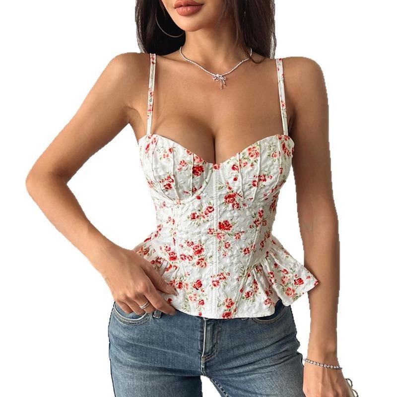 Women's Summer Flower Irregular Flounces Slim New Sexy Backless Lace Up Wrap Top