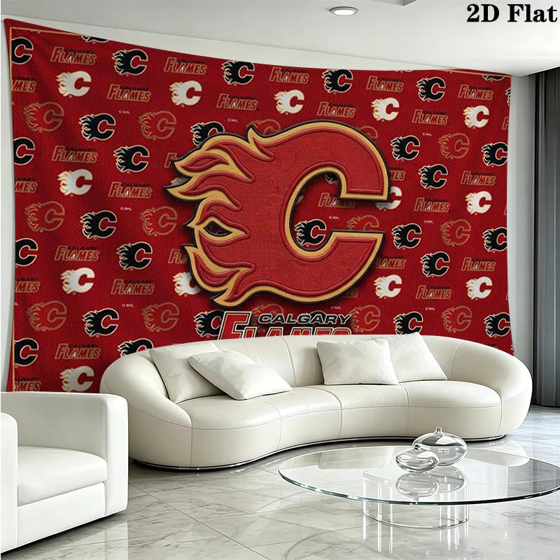 Calgary Flames Logo Wall Tapestry Aesthetic Wall Hanging Printed Fabric Blanket Decorative Tapestries for Bedroom Living Room Home Decor