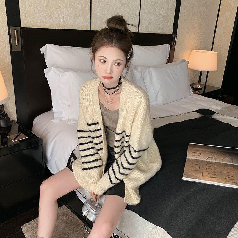 Вязаный кардиган в полоску, свободный свитер с длинными рукавами, универсальный женский топ, осень 2023, повседневный свитер с v-образным вырезом, кардиган, женские топы