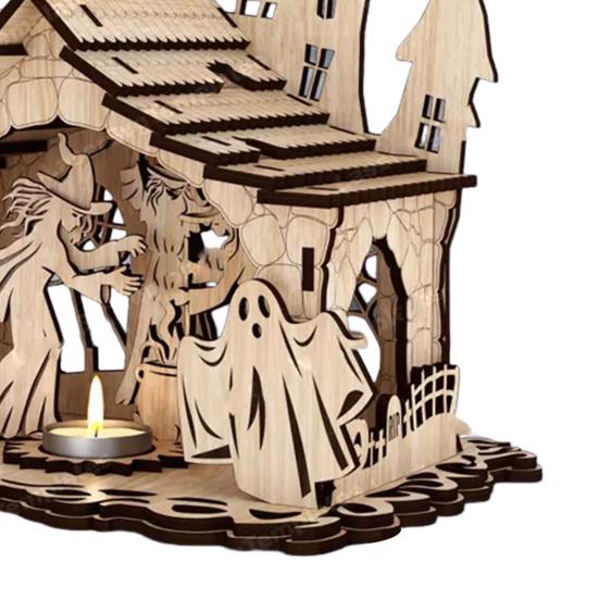 Halloween Candle Holder Spooky Wooden Witch Ghost House Candlestick Decoration for Home Indoor Party Decor