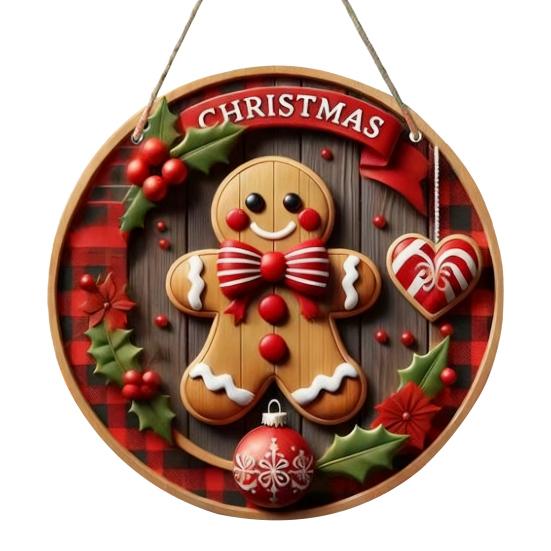 2D Merry Christmas Wooden Sign Red Black Plaid Gingerbread Man Wall Hanging Decor Front Door Porch Home Holiday Decorations