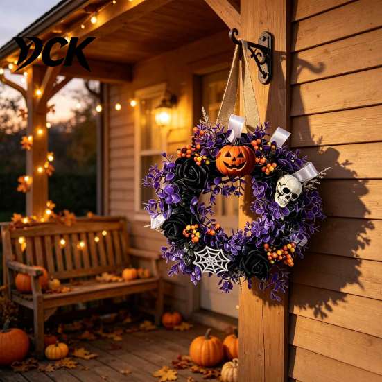 Halloween Party Hanging Decor Wreaths for Front Door, Skull Pumpkin Wreath with Berries, Black Indoor Outdoor Decorations Roses, Purple Leaves Doors,