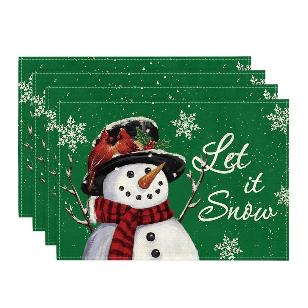 Красный Снеговик Let It Snow Зимние Подставки под Тарелки Набор из 4 штук, 12x18 Дюймов Сезонные Рождественские Праздничные Настольные Коврики для Вечеринки Кухни Обеденного Стола Декор