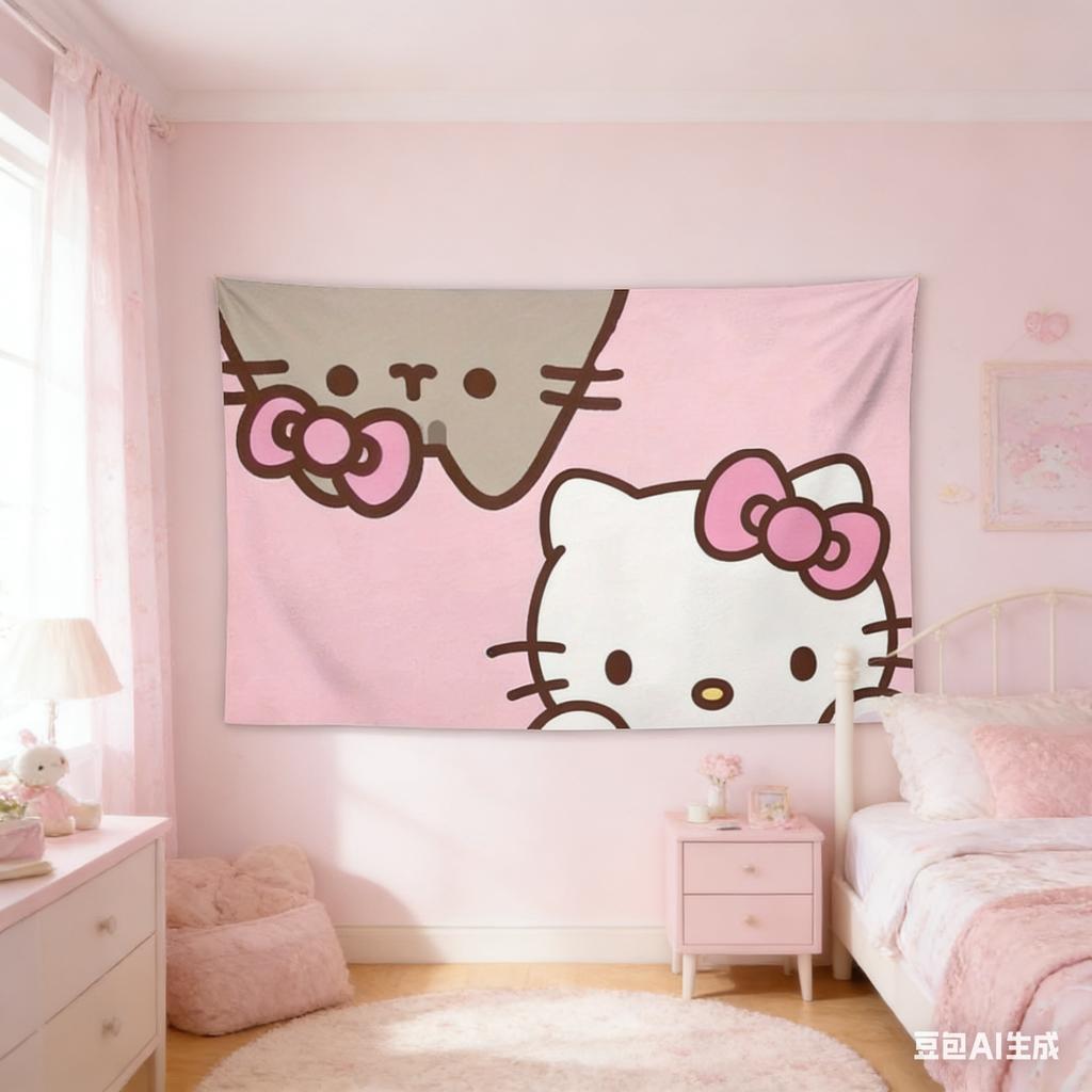 Cute Cartoon Kitten Pink Tapestry Kawaii Cartoon Wall Hanging for Girls Bedroom Dorm Decor