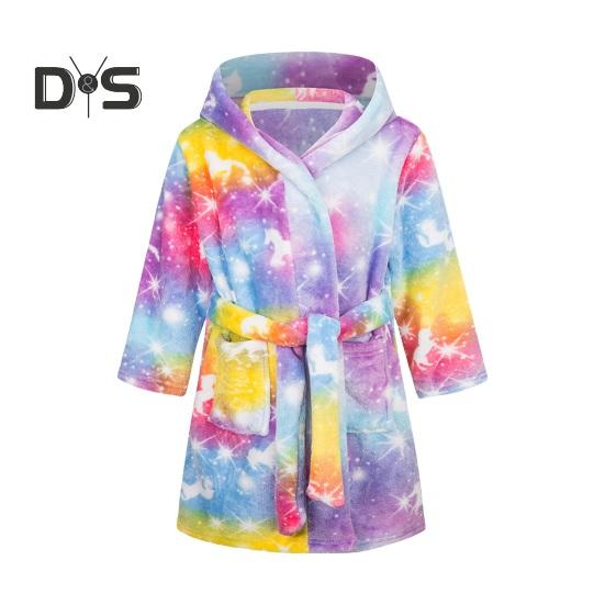 Фланелевый халат с капюшоном и завязкой на талии для девочек, мягкий пушистый банный халат для детей, теплый банный халат с принтом, капюшоном и карманами