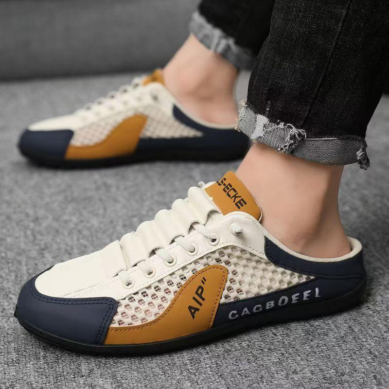 Summer Men's Shoes Bag Toe Mesh Half-support Shoes, Breathable Heel Free New Slippers One Foot Stick Shoes