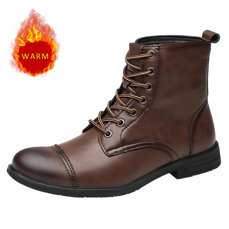 Уличная мода Рыцарские сапоги Красивые мотоциклетные сапоги Мужские высокие кожаные сапоги Зимние теплые плюшевые мужские уличные сапоги