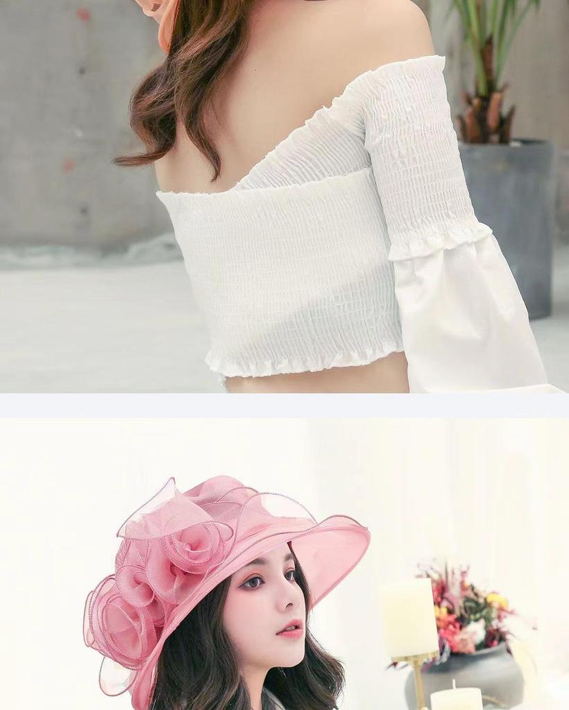 Hat Vintage Womens Sun Organza With Mesh Flower Details