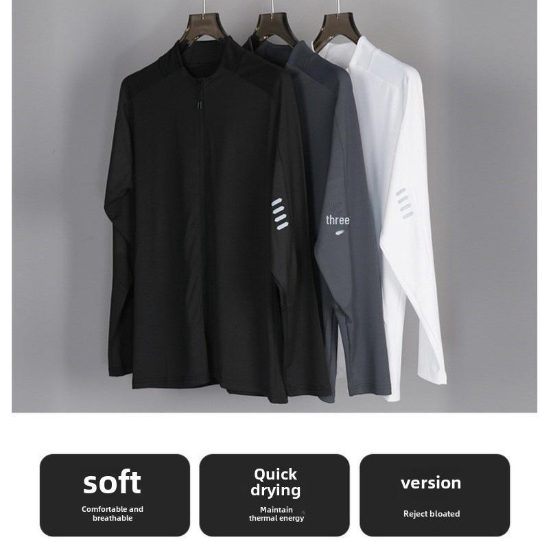 Мужской осенний велотоп с воротником-стойкой: Эластичная, солнцезащитная, с длинным рукавом, рубашка на молнии для фитнеса и бега