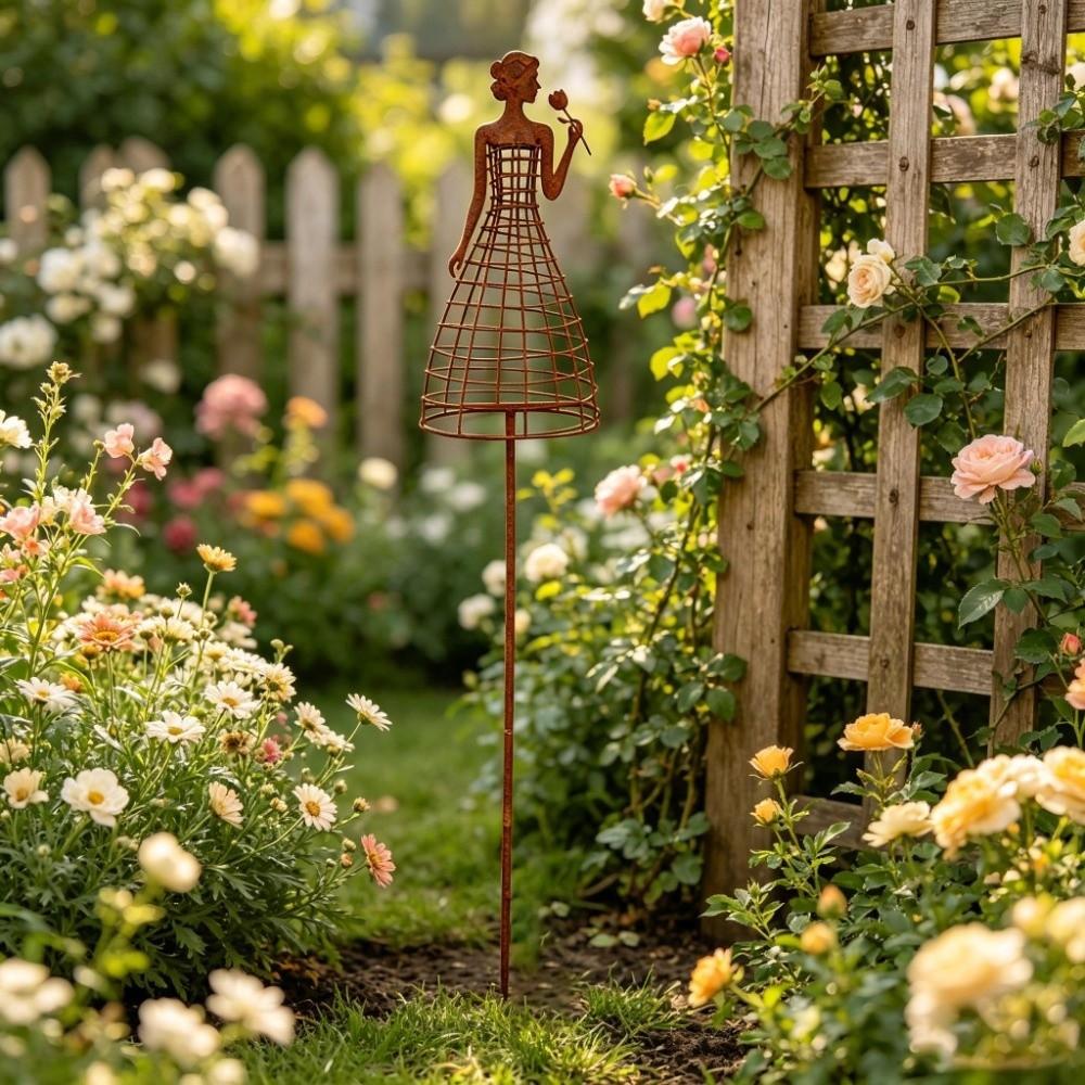 Weather Resistant Dress Lady Shape Plant Trellis Rustic Metal Flower Climbing Rack Potted Plants