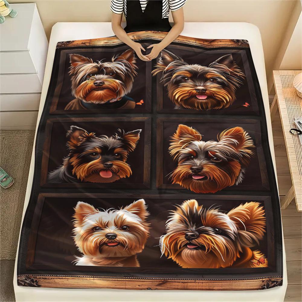 1 шт. Фланелевое одеяло с принтом йоркширских терьеров, Высококачественное, Удобное для всех сезонов, Декор для дома, Тепло и уют, Идеально для рождественских подарков