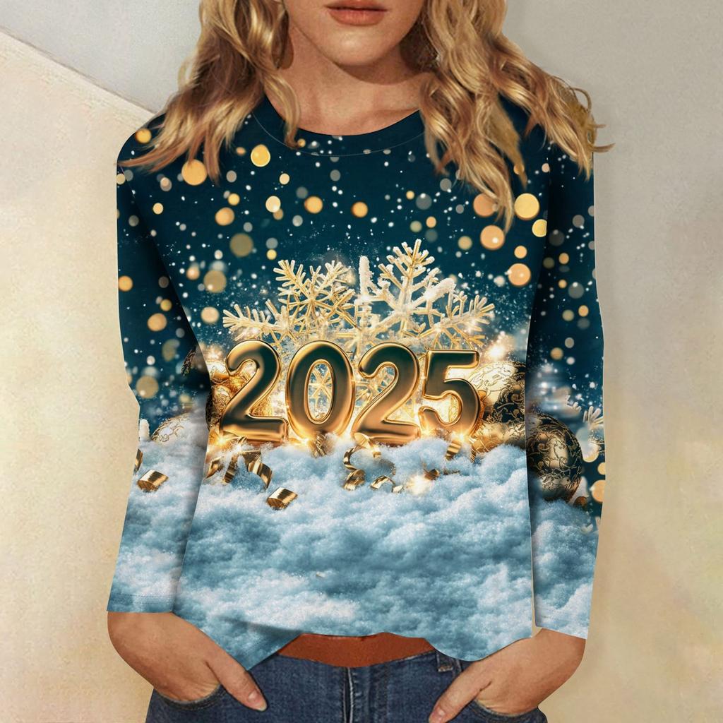 Женская осенне-зимняя футболка с круглым вырезом и длинным рукавом с принтом