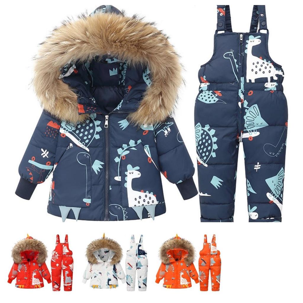 Toddler Baby Winter Down Snowsuit Set – Cartoon Dinosaur Fur Hooded Coat and Snow Pants for Boys Girls