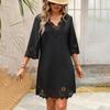 Women Loose High Waist A Line Summer Dress V Neck Lace Burnt Flower Half Sleeve Solid Color Sizes S XL