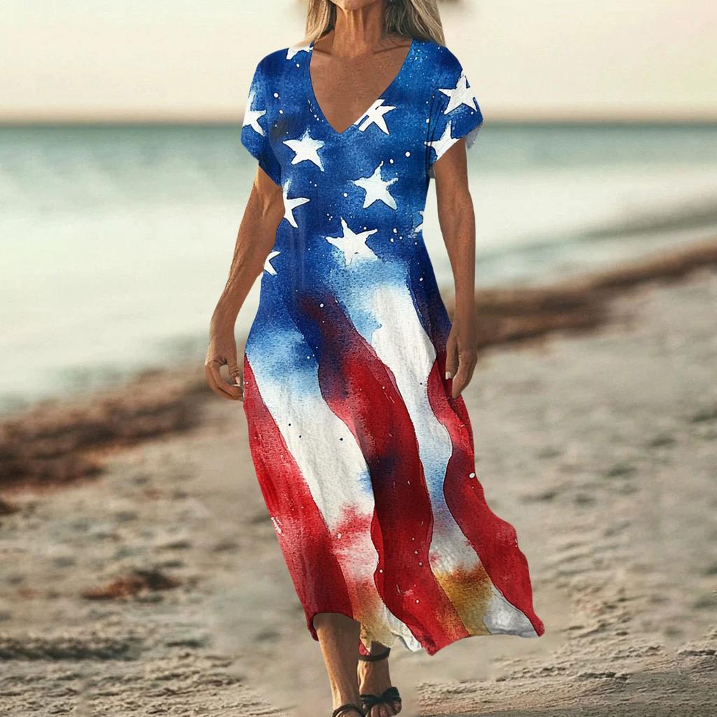 Flag Dress for Women 4Th Of July Dresses for Women Patriotic Dress Usa Dress with Star Print Loose Fit Summer Style