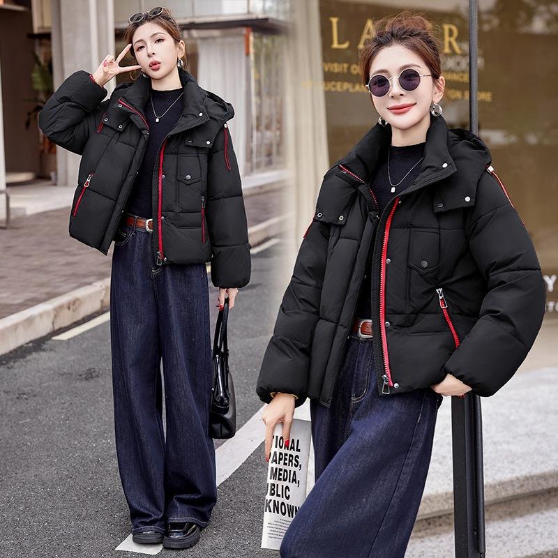 Source contrasting color zipper hooded cotton clothes women's short thickened filled women's jackets are available in batches