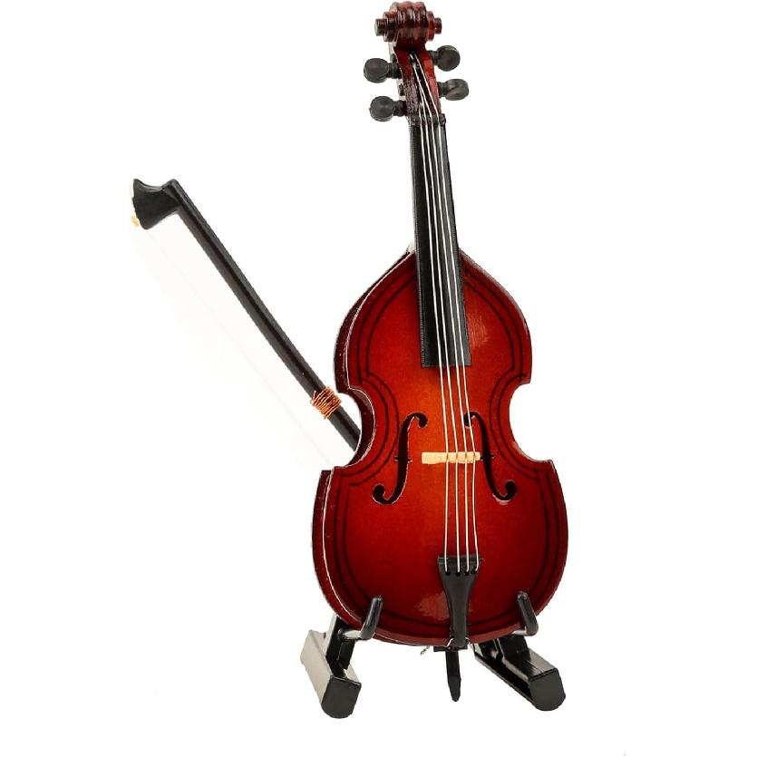 Wooden Miniature Double Bass with Stand, Bow and Case Mini Musical Instrument Contrabass Replica Collectible Figurines Upright Bass Model Home