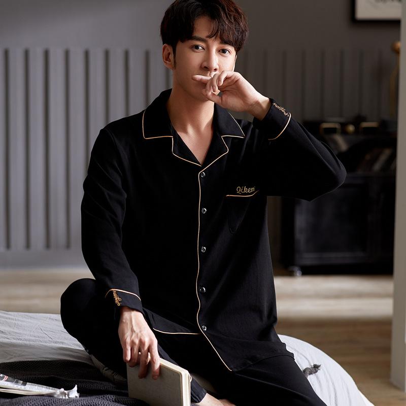 Мужские весенние и осенние хлопковые тонкие пижамы с длинными рукавами плюс хлопковый домашний костюм для полных размеров