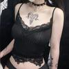 Готический базовый женский топ-камис Гранж Панк Черный Повседневный Кружевная отделка Укороченные топы В рубчик Открытая спина Альтернативная одежда Лето