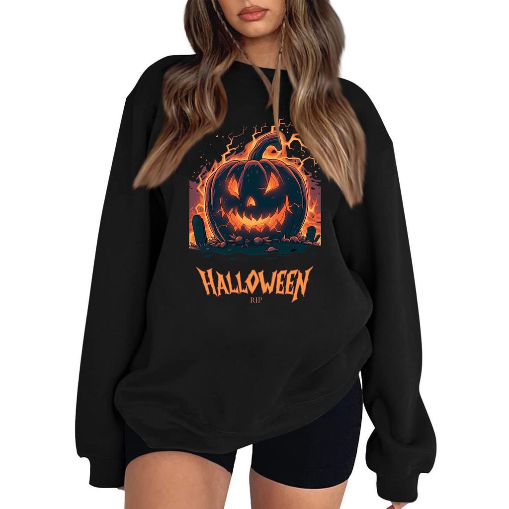 Women's Casual Round Neck Long Sleeved Pullover, Halloween Printed Top, Long Sleeved Hoodie