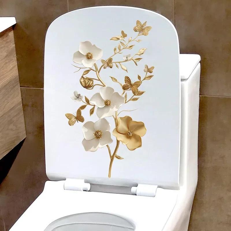 Наклейки на унитаз для ванной комнаты Современный минималистичный узор с золотыми цветами Самоклеящиеся картины для украшения ванной комнаты и гостиной