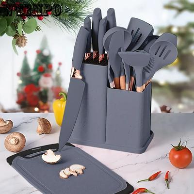 Набор кухонных принадлежностей из термостойкого силикона с антипригарным покрытием, 19 предметов, ножи и инструменты в бамбуковом ящике для хранения, идеально подходит для легкой готовки