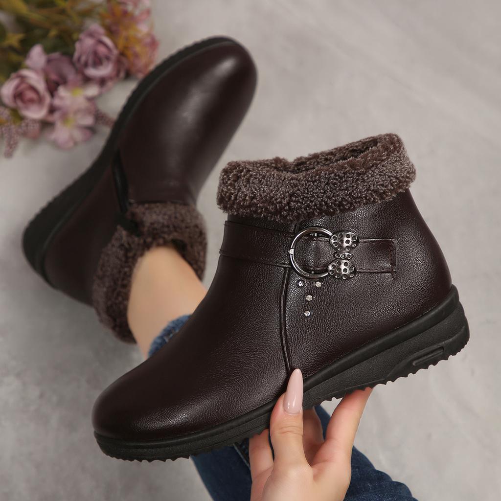 Fashion Casual Side Zip Pu Ankle Boots Women 2025 Winter Warm Short Plush Non Slip Mom's Shoes Vintage Soft Faux Fur Wedge Heel Booties