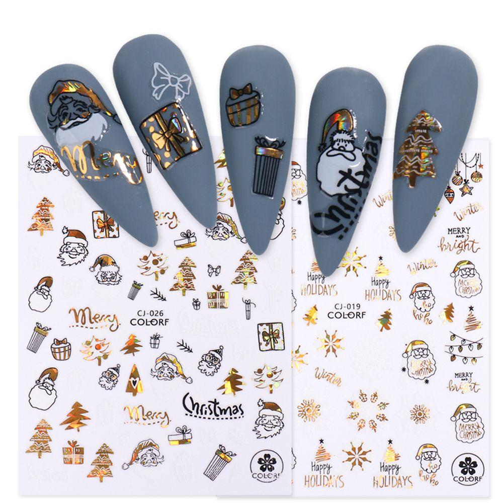 Polish New Year Xmas Winter Design Holographics 3D Glitter Gold White Nail Stickers