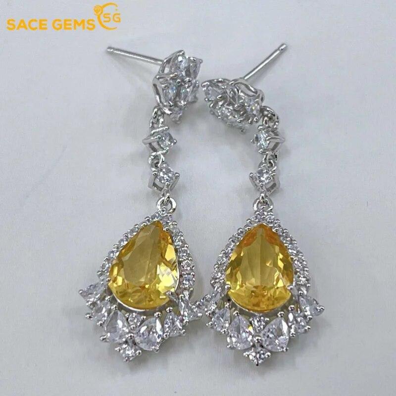 Sace Gems Earrings for Women 925 Sterling Silver 8*10MM Natual Citrine Stud Earrings Wedding Party Fine Jewelry