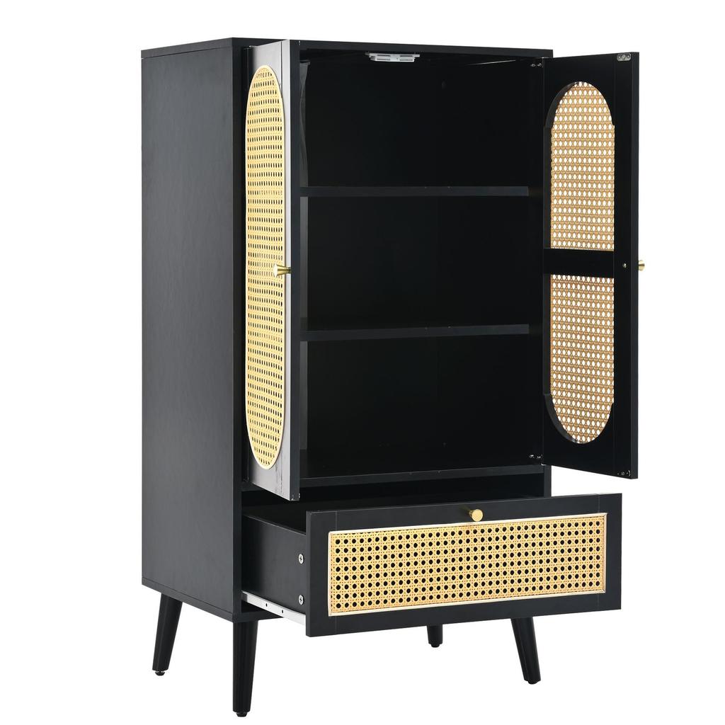 Kommode 2 Türen 1 Schubladen, Modern Highboard Küchenschrank aus Holz Rattan Türen, Schlafzimmer & Wohnräume & Büro, Schwarz, 60 x 40 x 110,5 cm