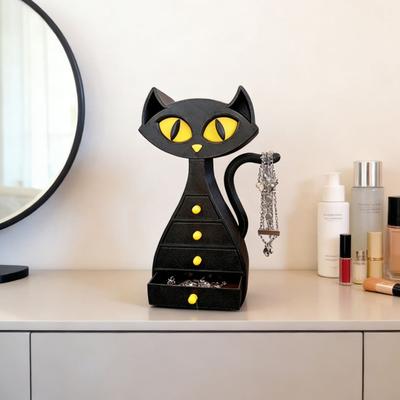 Черная шкатулка для украшений в форме кошки, 3D-печать, органайзер для кошачьих украшений с 6 выдвижными ящиками для ожерелий, браслетов, серег, колец
