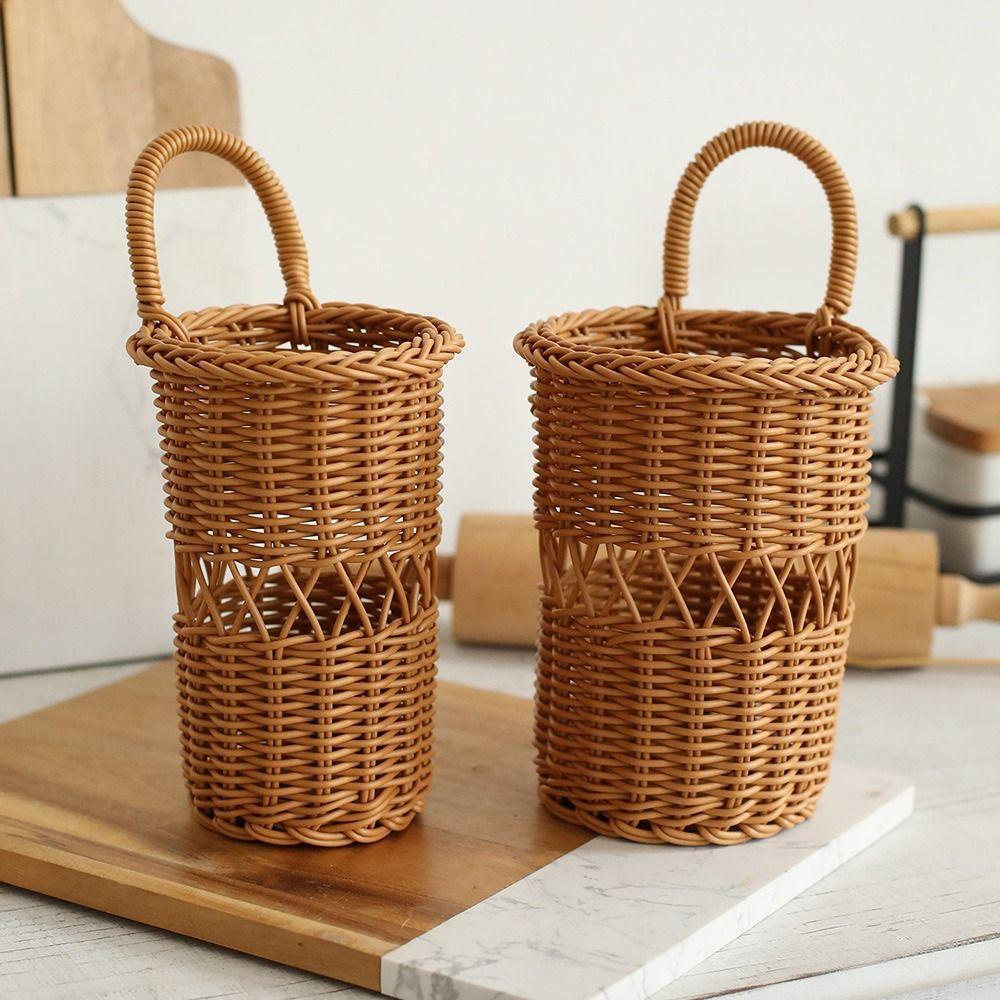Brown Wall Mounted Storage Basket Hand-weave Flower Basket Durable Hanging Basket Home Decoration