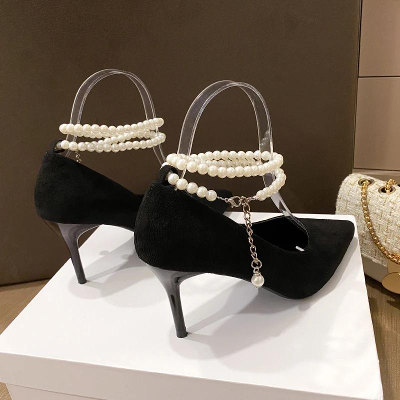 Мода 2024 года, новые туфли с острым носком на высоком каблуке из черного бархата, ремешок для обуви на тонком каблуке, не допускающий защемления, летний резиновый верх