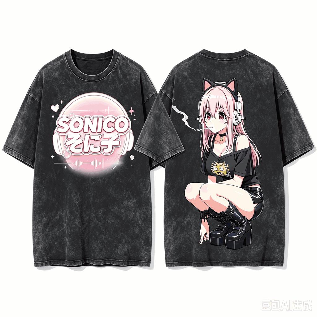 Super Sonico Front And Back Printed Crew Neck Short Sleeve T-shirt