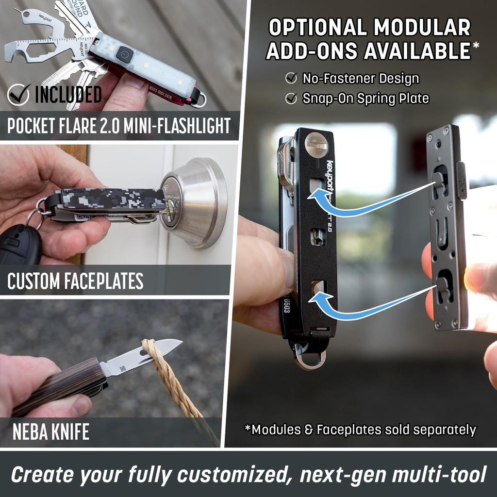 Keyport Pivot 2.0 Essentials Plus Kit - Премиальный органайзер для ключей + Фонарик-брелок + Многофункциональный инструмент-открывалка для бутылок + Все в одном "Потеряно и найдено" Современный