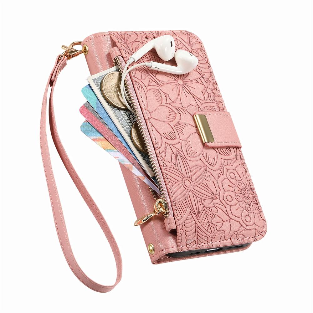 Чехол-кошелек для телефона с 6 отделениями для карт, карманом на молнии для монет, подставкой для просмотра без рук и ремешком на запястье, цветочный дизайн для iPhone / Samsung