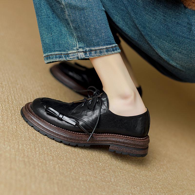 2024 Spring New Platform Shoes Women Genuine Cow Leather Round Cross Tied Closure Chunky Sole Ladies Casual Shoes Handmade Pumps
