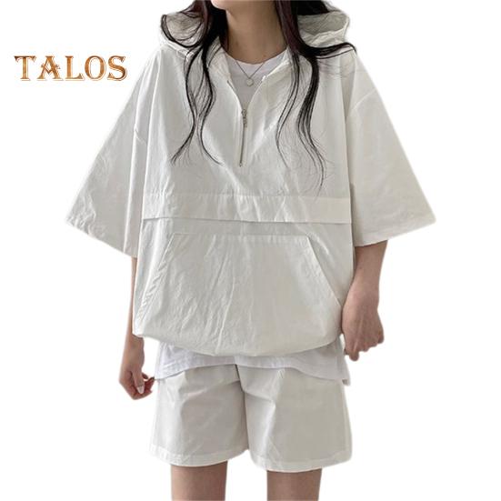 2 шт./компл., женские шорты с капюшоном, комплект с половиной молнии с капюшоном, рукав три четверти, свободный топ с большим карманом, эластичный пояс, короткие штаны, тонкий повседневный спортивный наряд