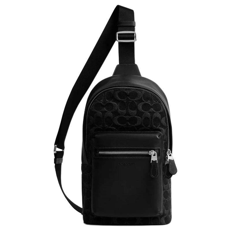 COACH West 20 classic brand embossed denim and smooth calfskin chest bag small men's black
