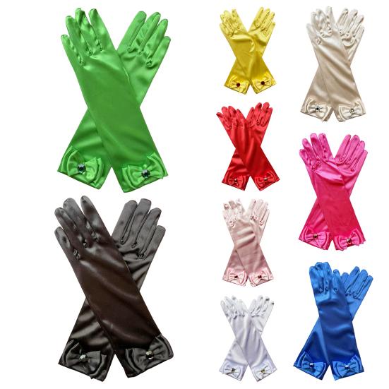 1 Pair Kids Gloves Rhinestones Inlaid Bowknot Decor Bright Color Gloves Performance Stage Princess Gloves