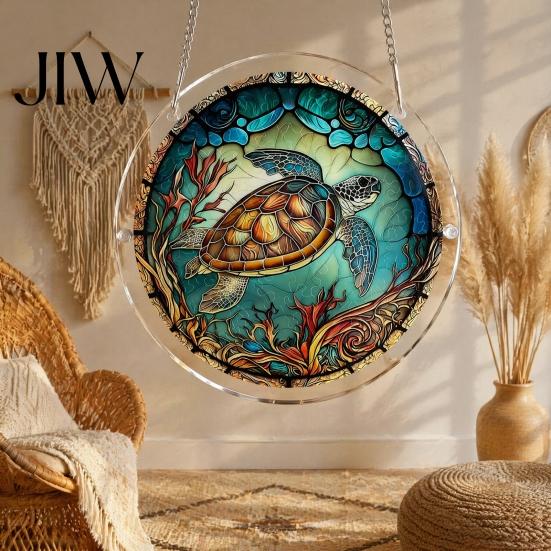 Colorful Wall Patterns 7.48 Inch Circular DIY Puzzle Suncatcher, Acrylic Stained Glass Style Window Hanging Ornament, Art Waterproof Pendant for Home