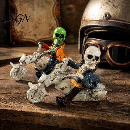 Cool Desk Figurine Halloween Skeleton Riding Motorcycle Figurine, Gothic Spooky Statue for Home Niche Collection Ornament Garden, Resin Biker