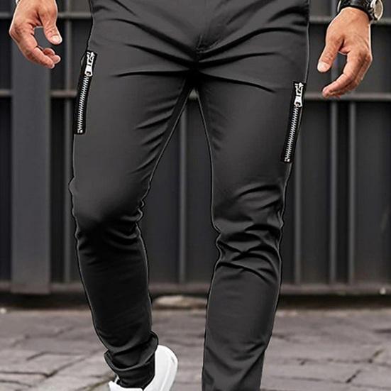 Men Pants Zipper Decor Solid Color Mid Waist Soft Breathable Zip Up Button Closure Pockets Slim Fit Casual Four Seasons Streetwear Jogger Pencil Pants