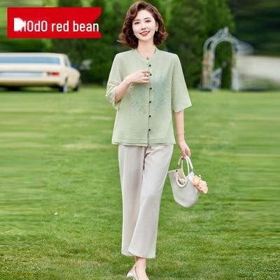 Летние повседневные топы с коротким рукавом и комплекты от Hongdou Mom 2025 для женщин среднего возраста