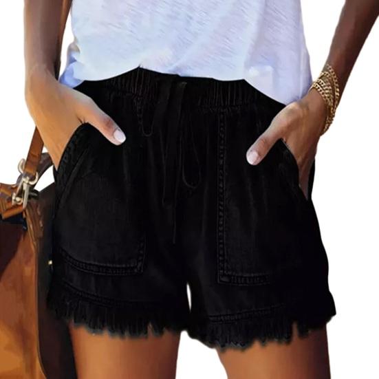 Женские шорты с эластичным поясом средней посадки и широкими карманами на шнурке, впитывающие пот, однотонные манжеты с кисточками, спортивные шорты, уличная одежда